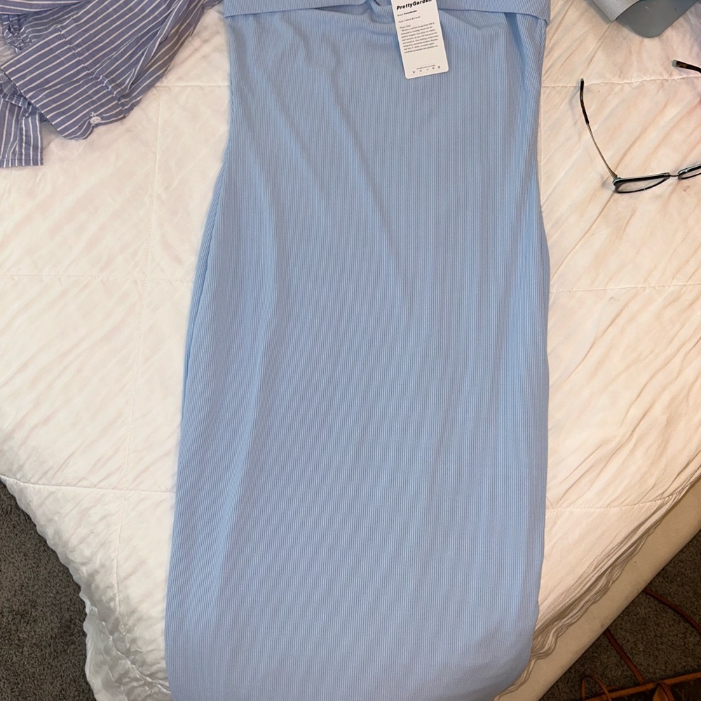 Light Blue strapless maxi dress with a slit